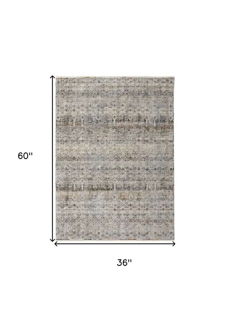 3' X 5' Gray Ivory and Blue Abstract Power Loom Worn Faded Area Rug With Fringe