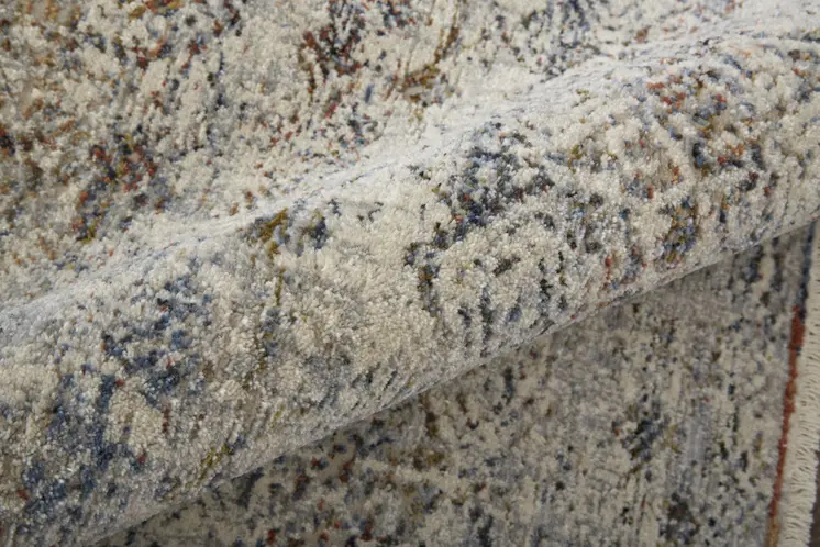 12' Gray Ivory and Blue Abstract Power Loom Worn Faded Runner Rug With Fringe