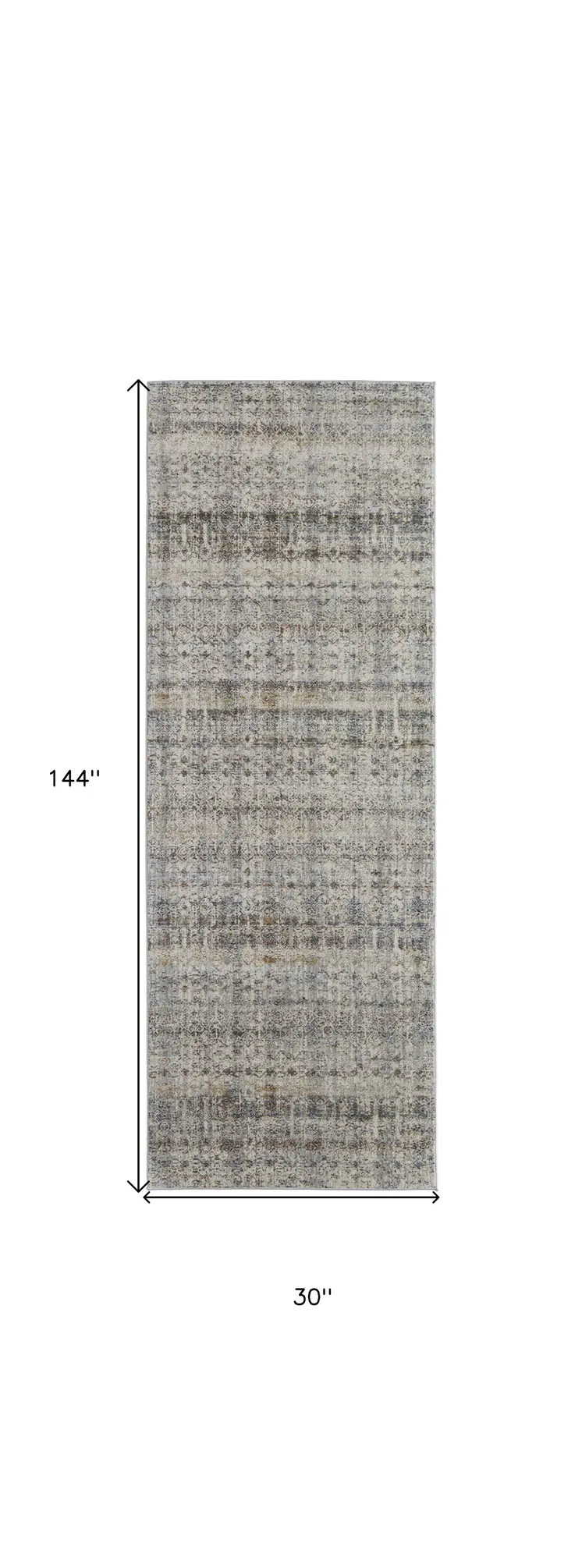 12' Gray Ivory and Blue Abstract Power Loom Worn Faded Runner Rug With Fringe