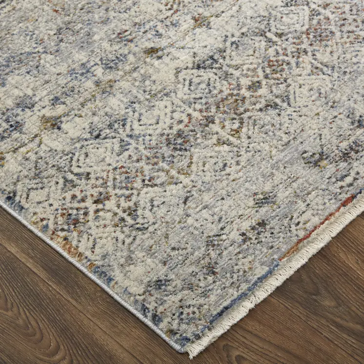 8' Gray Ivory and Blue Abstract Power Loom Worn Faded Runner Rug With Fringe