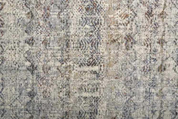 8' Gray Ivory and Blue Abstract Power Loom Worn Faded Runner Rug With Fringe