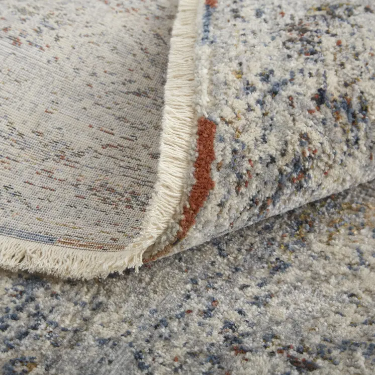 8' Gray Ivory and Blue Abstract Power Loom Worn Faded Runner Rug With Fringe