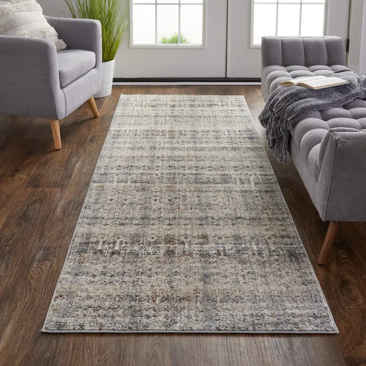 8' Gray Ivory and Blue Abstract Power Loom Worn Faded Runner Rug With Fringe