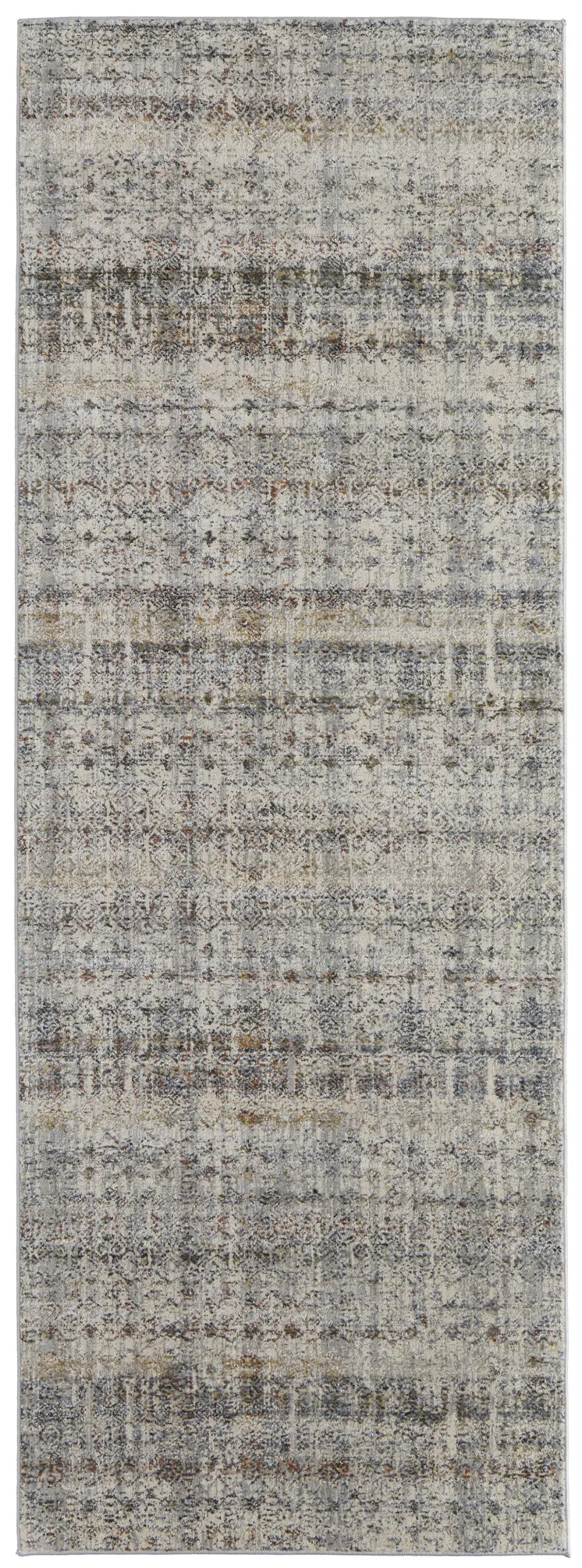 8' Gray Ivory and Blue Abstract Power Loom Worn Faded Runner Rug With Fringe