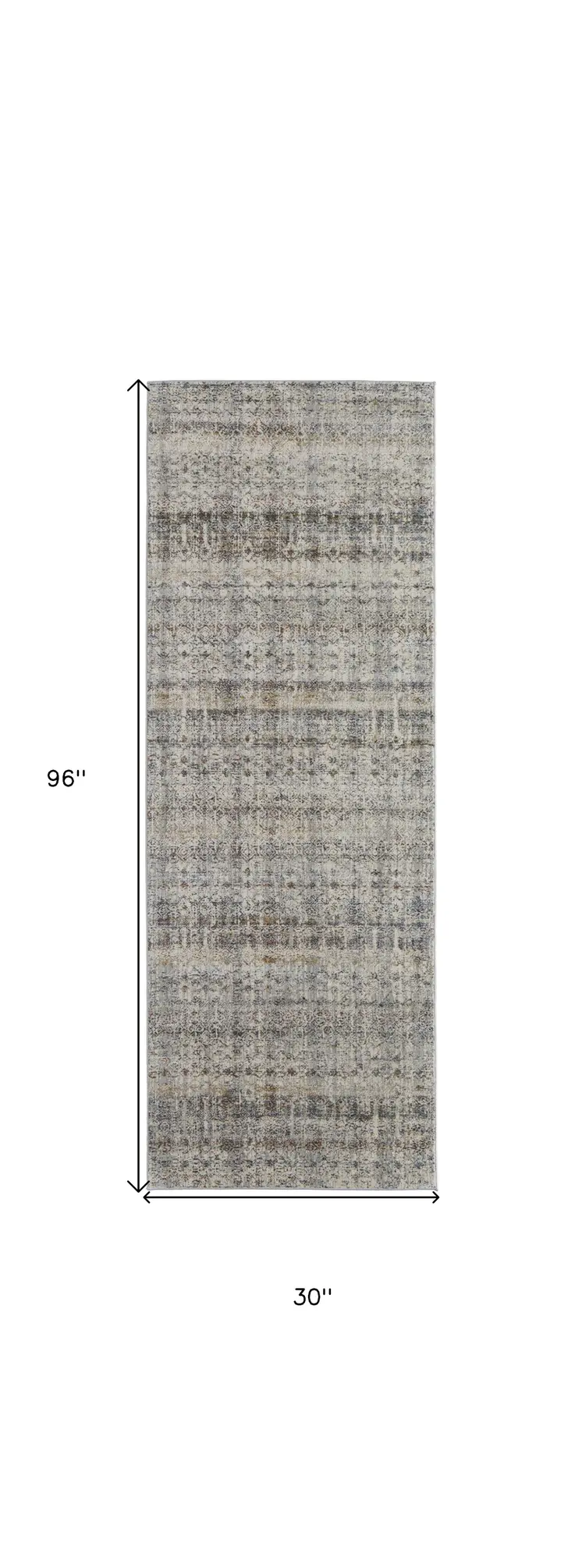8' Gray Ivory and Blue Abstract Power Loom Worn Faded Runner Rug With Fringe
