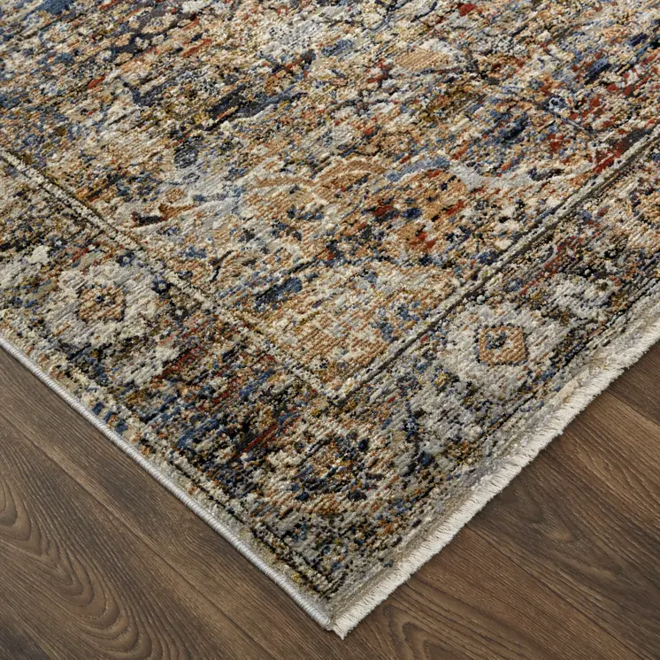 3' X 5' Tan Blue and Brown Oriental Power Loom Area Rug With Fringe