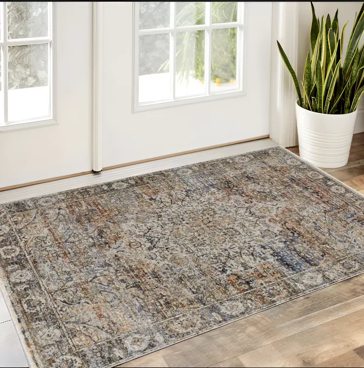 3' X 5' Tan Blue and Brown Oriental Power Loom Area Rug With Fringe