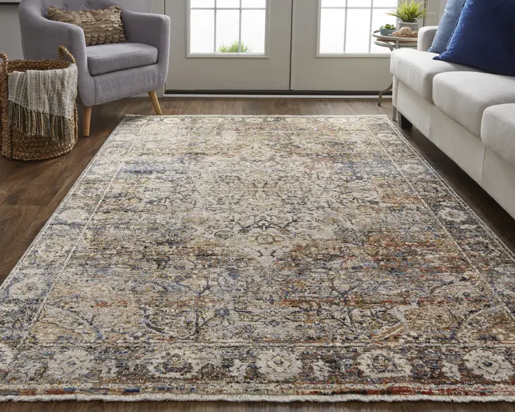3' X 5' Tan Blue and Brown Oriental Power Loom Area Rug With Fringe