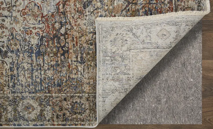 3' X 5' Tan Blue and Brown Oriental Power Loom Area Rug With Fringe