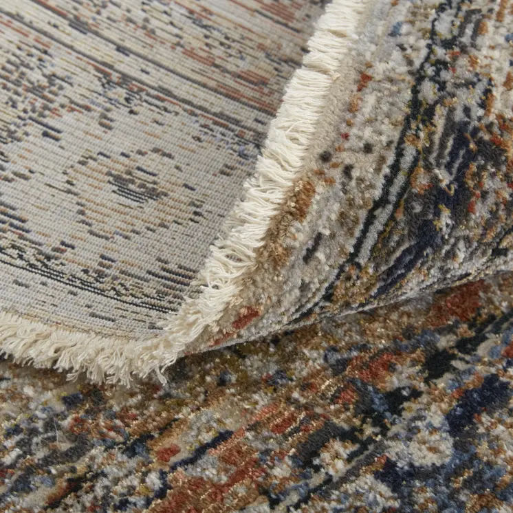 12' Tan Blue and Brown Oriental Power Loom Runner Rug With Fringe