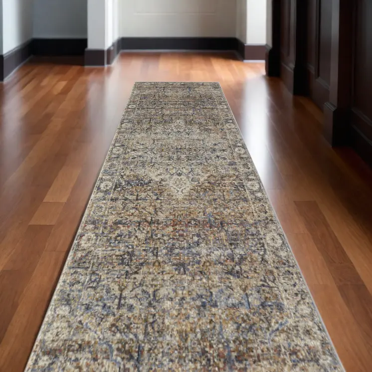 12' Tan Blue and Brown Oriental Power Loom Runner Rug With Fringe