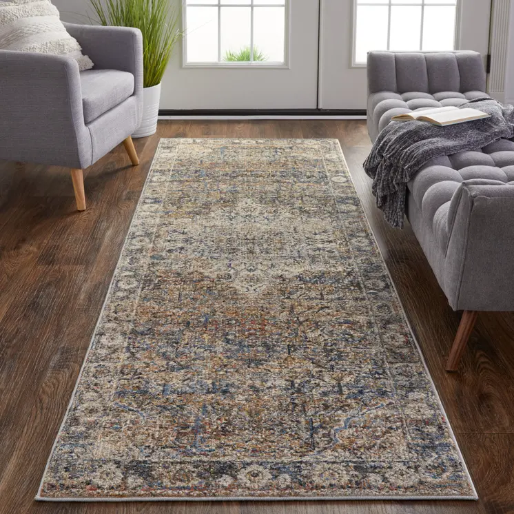 8' Tan Blue and Brown Oriental Power Loom Runner Rug With Fringe