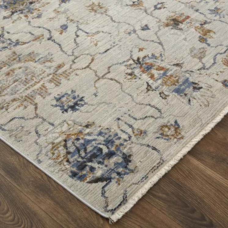 3' X 5' Blue Gray and Brown Floral Power Loom Worn Faded Area Rug With Fringe