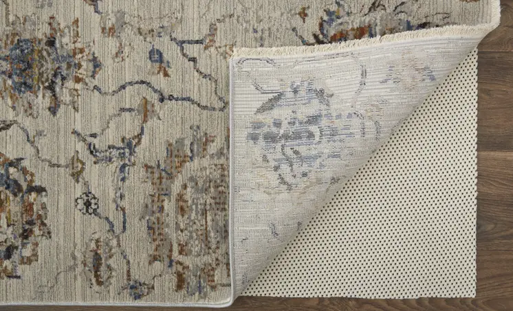 3' X 5' Blue Gray and Brown Floral Power Loom Worn Faded Area Rug With Fringe