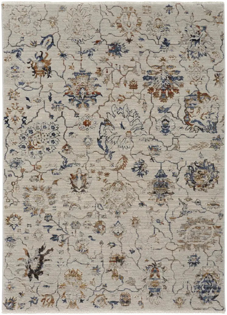 3' X 5' Blue Gray and Brown Floral Power Loom Worn Faded Area Rug With Fringe