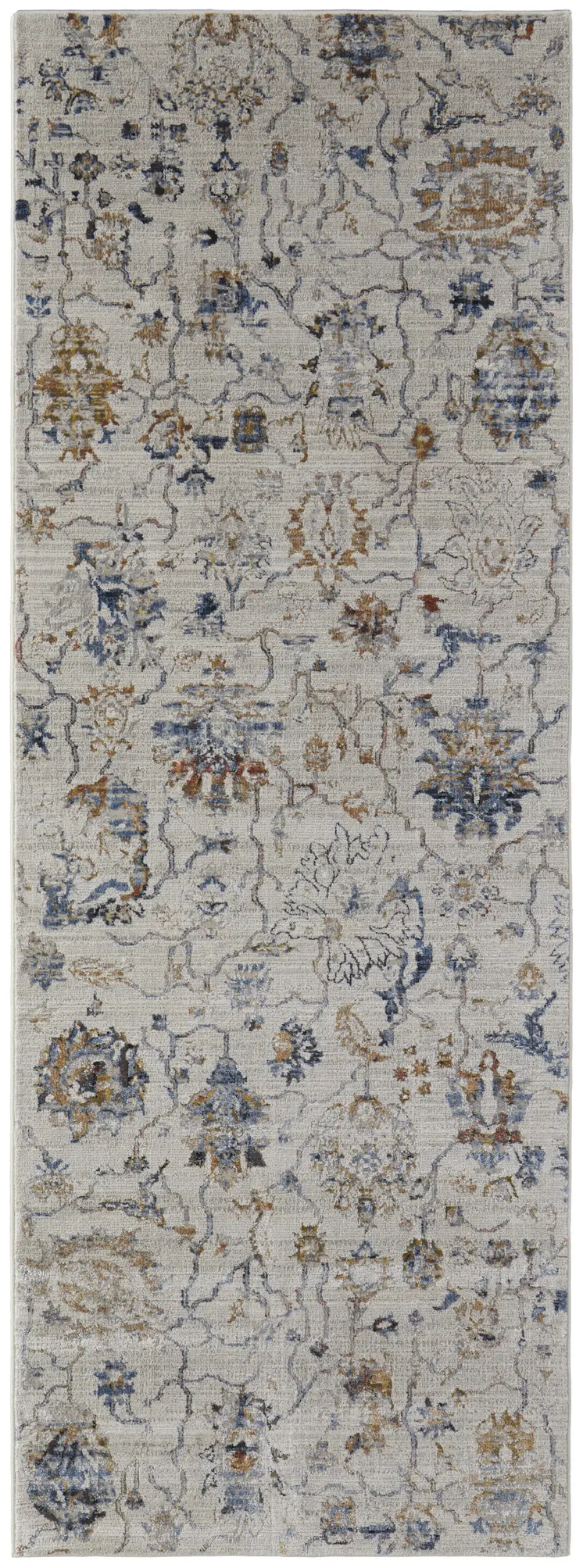10' Blue Gray and Brown Floral Power Loom Worn Faded Runner Rug With Fringe