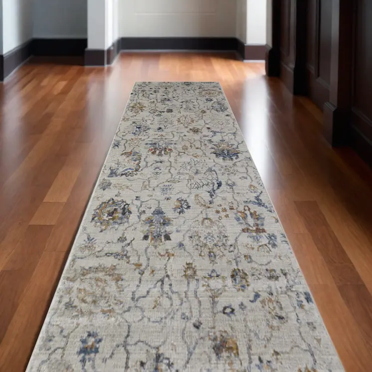 12' Blue Gray and Brown Floral Power Loom Worn Faded Runner Rug With Fringe