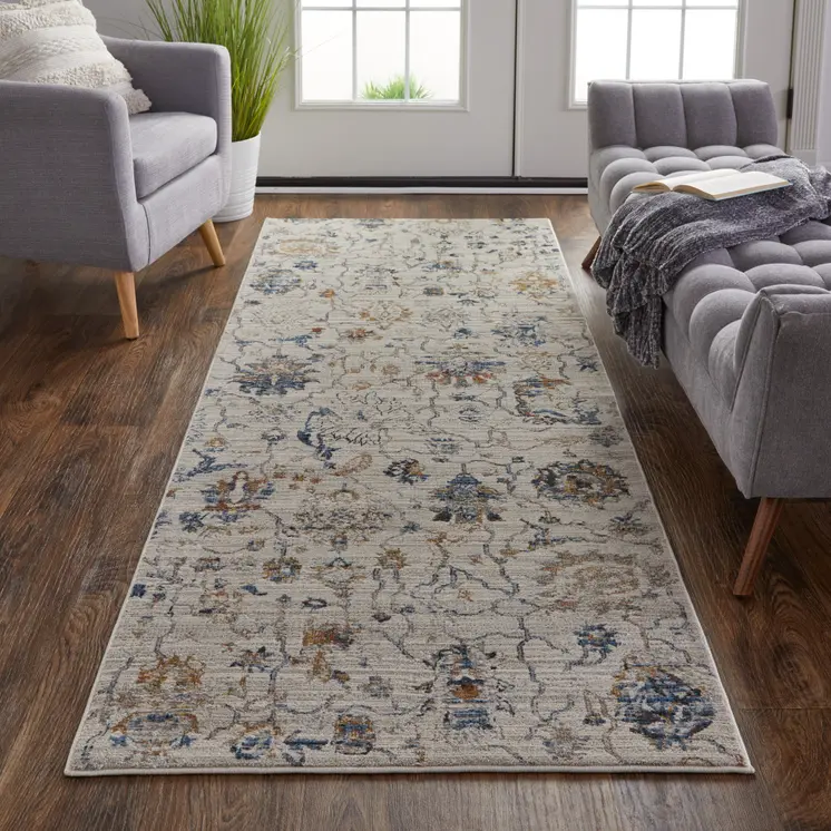 8' Blue Gray and Brown Floral Power Loom Worn Faded Runner Rug With Fringe
