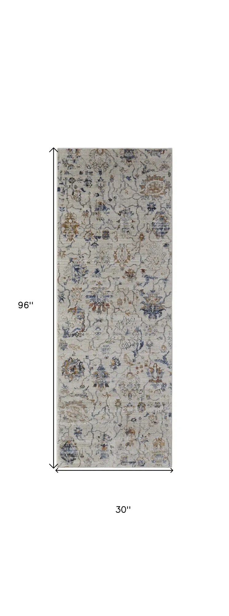 8' Blue Gray and Brown Floral Power Loom Worn Faded Runner Rug With Fringe