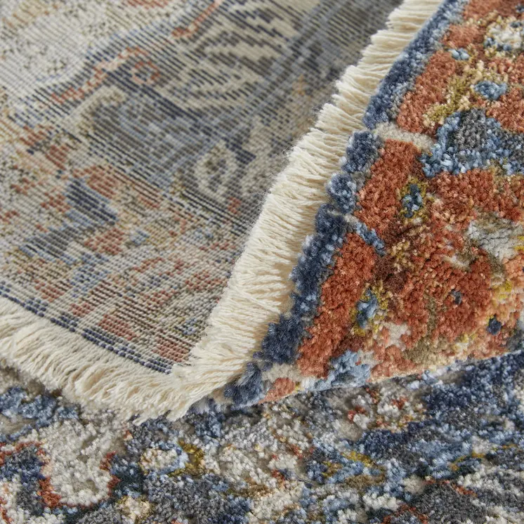 3' X 5' Ivory Blue and Brown Floral Power Loom Area Rug With Fringe