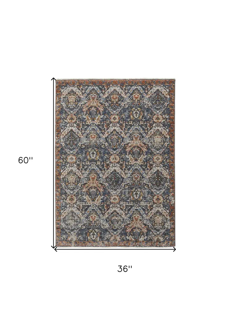 3' X 5' Ivory Blue and Brown Floral Power Loom Area Rug With Fringe