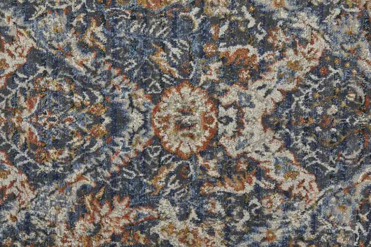 10' Ivory Blue and Brown Floral Power Loom Runner Rug With Fringe
