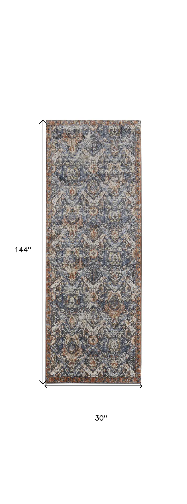 12' Ivory Blue and Brown Floral Power Loom Runner Rug With Fringe