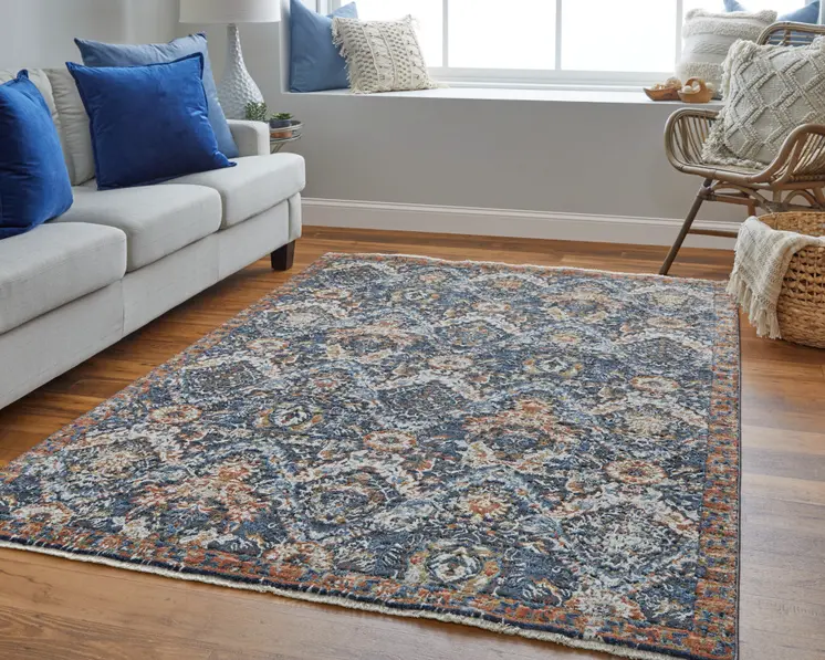 8' Ivory Blue and Brown Floral Power Loom Runner Rug With Fringe