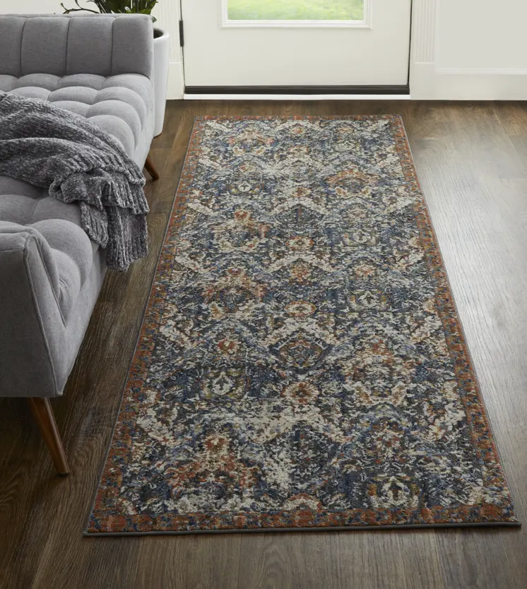 8' Ivory Blue and Brown Floral Power Loom Runner Rug With Fringe