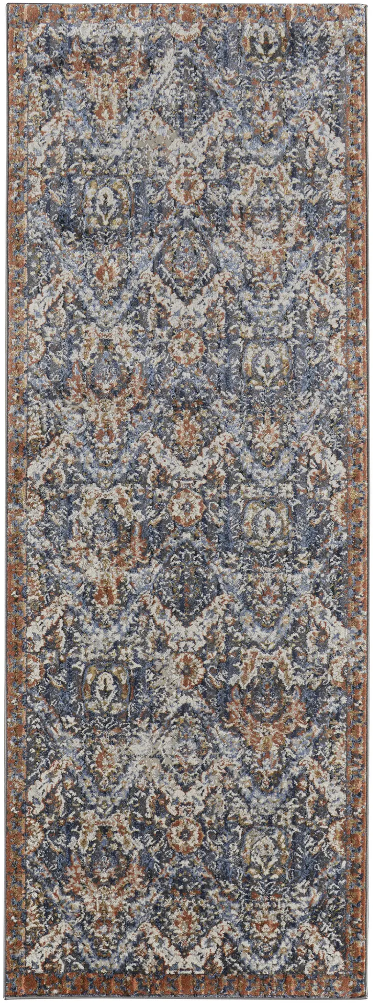 8' Ivory Blue and Brown Floral Power Loom Runner Rug With Fringe