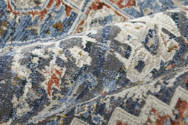 12' Ivory Red and Blue Oriental Power Loom Runner Rug With Fringe