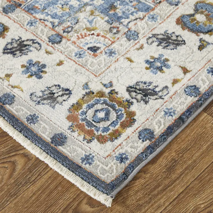 12' Ivory Red and Blue Oriental Power Loom Runner Rug With Fringe