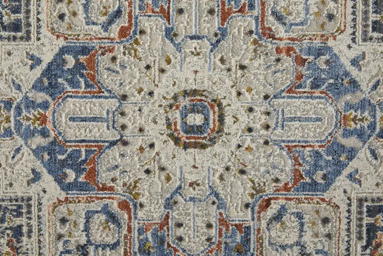 12' Ivory Red and Blue Oriental Power Loom Runner Rug With Fringe