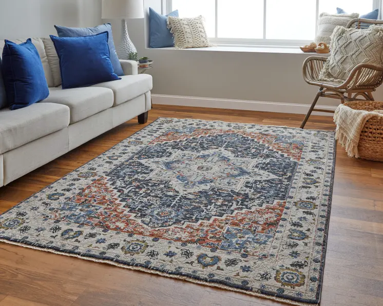 12' Ivory Red and Blue Oriental Power Loom Runner Rug With Fringe