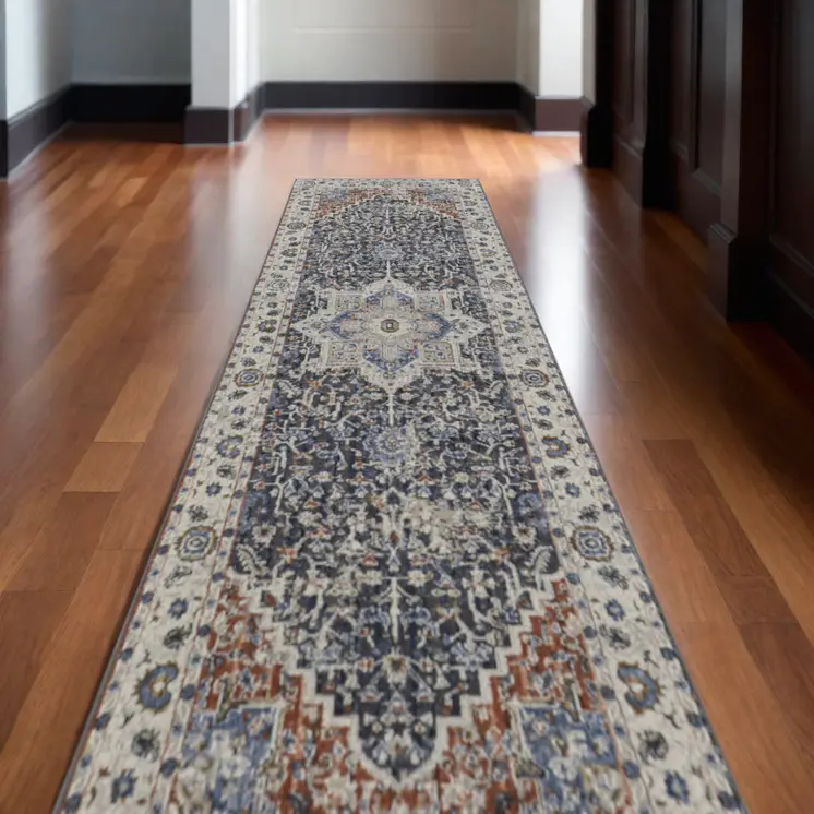 12' Ivory Red and Blue Oriental Power Loom Runner Rug With Fringe