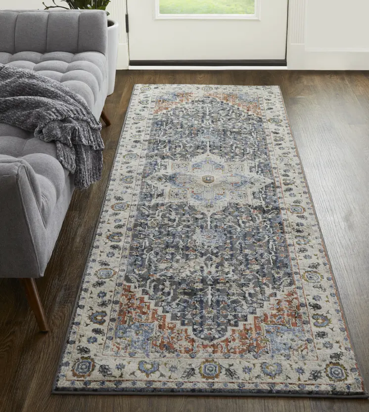 12' Ivory Red and Blue Oriental Power Loom Runner Rug With Fringe