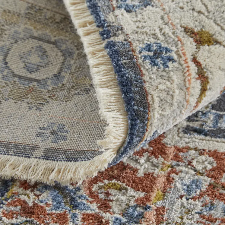 12' Ivory Red and Blue Oriental Power Loom Runner Rug With Fringe