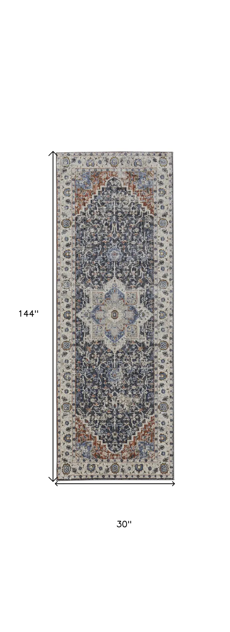 12' Ivory Red and Blue Oriental Power Loom Runner Rug With Fringe
