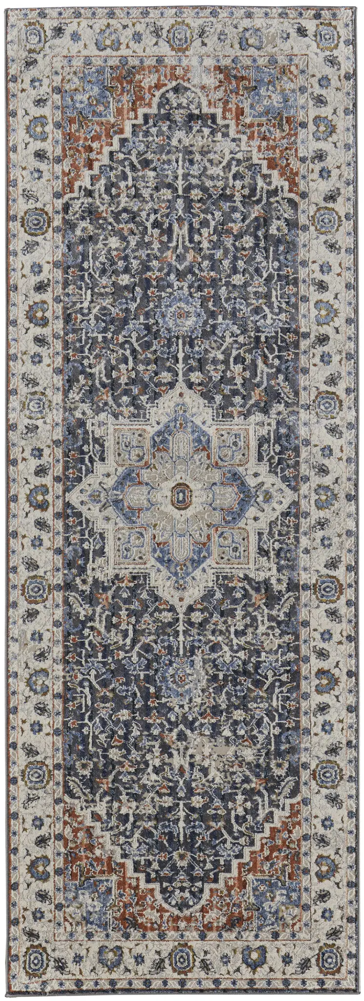 12' Ivory Red and Blue Oriental Power Loom Runner Rug With Fringe