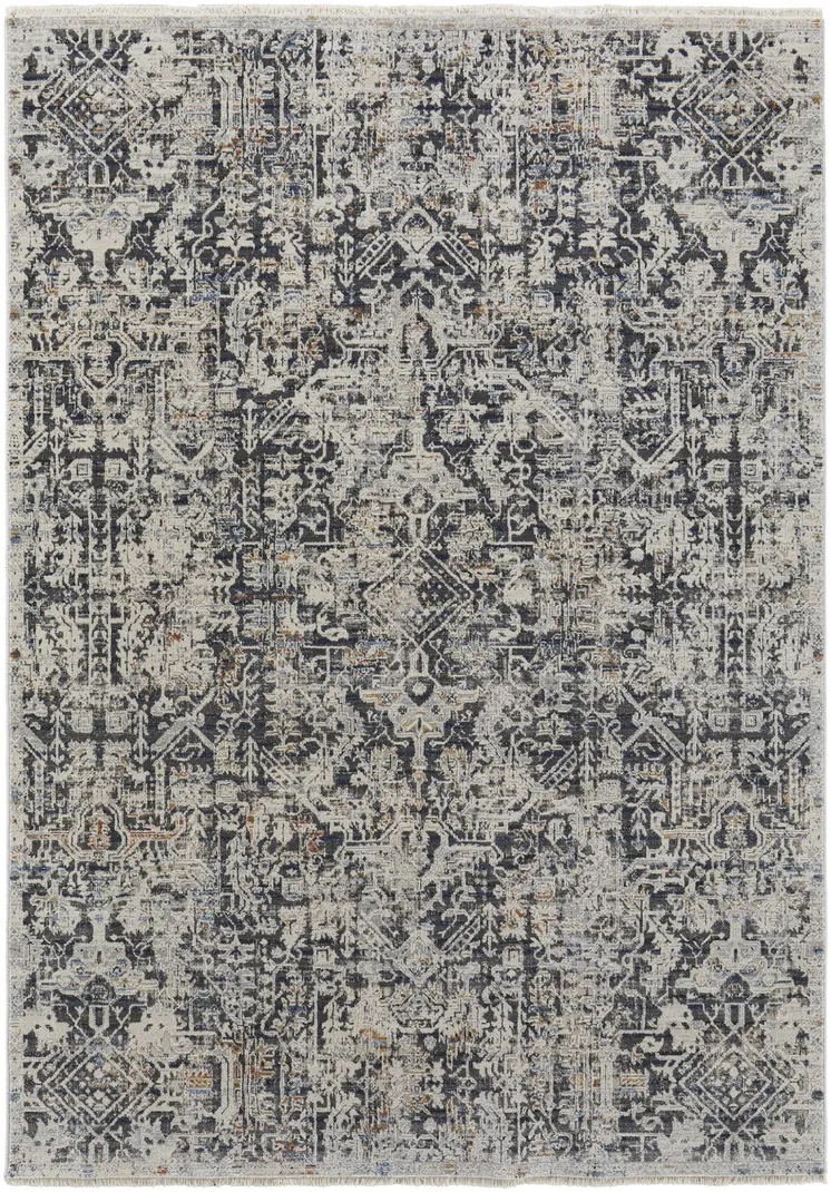 3' X 5' Ivory and Gray Abstract Power Loom Worn Faded Area Rug With Fringe