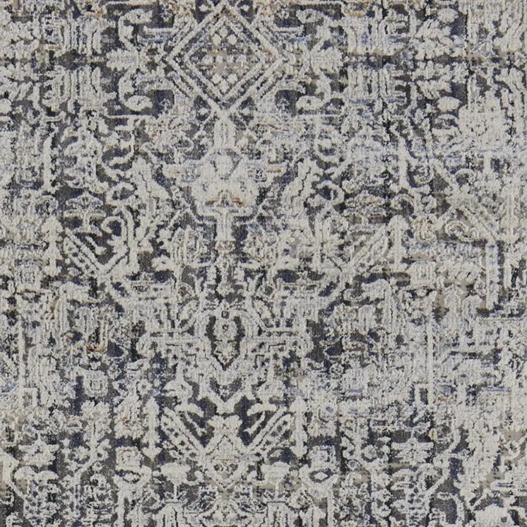 10' Ivory and Gray Abstract Power Loom Worn Faded Runner Rug With Fringe