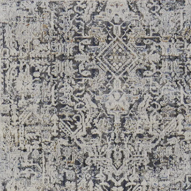 10' Ivory and Gray Abstract Power Loom Worn Faded Runner Rug With Fringe