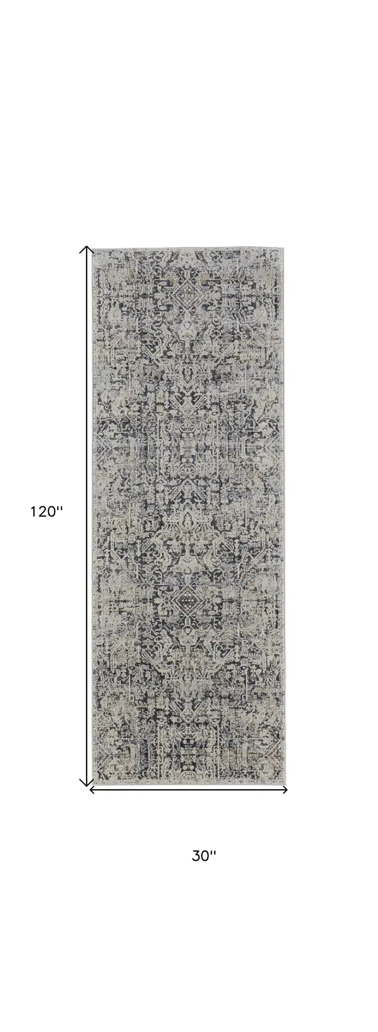 10' Ivory and Gray Abstract Power Loom Worn Faded Runner Rug With Fringe