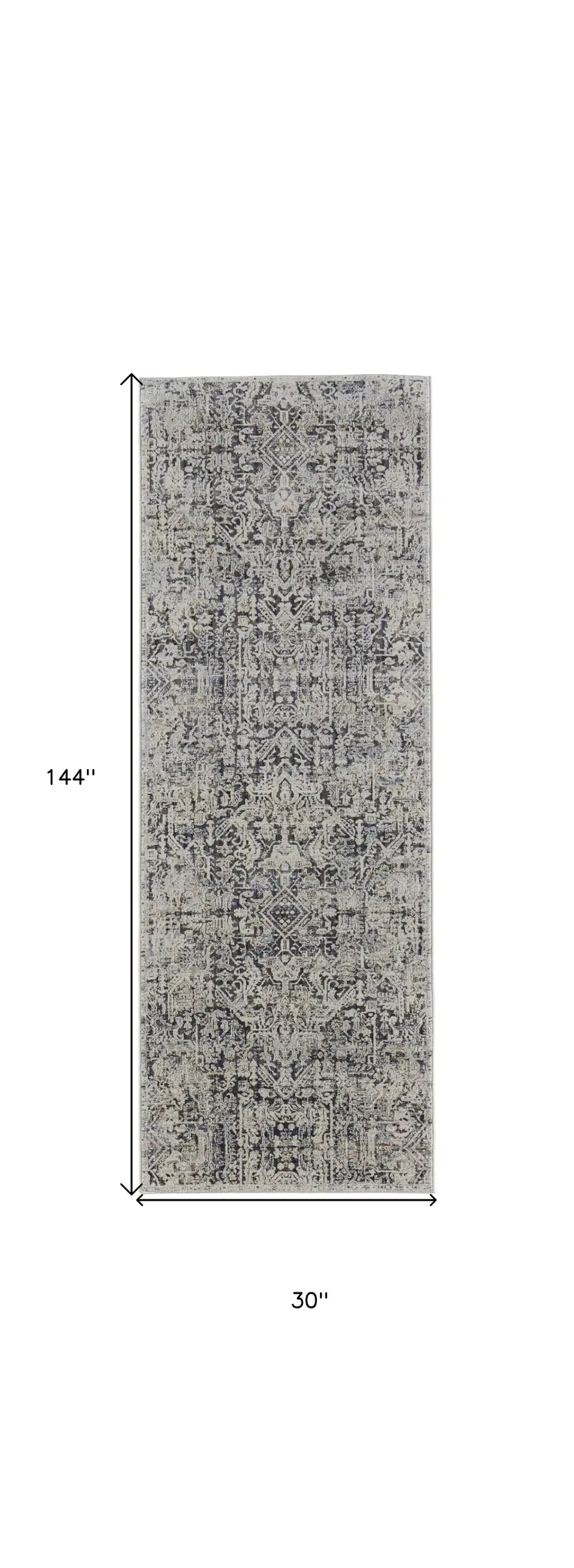 12' Ivory and Gray Abstract Power Loom Worn Faded Runner Rug With Fringe