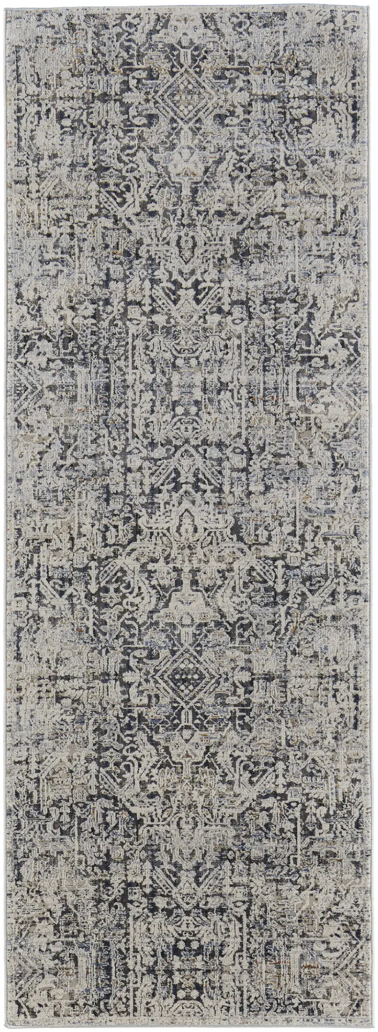12' Ivory and Gray Abstract Power Loom Worn Faded Runner Rug With Fringe