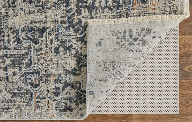 8' Ivory and Gray Abstract Power Loom Worn Faded Runner Rug With Fringe