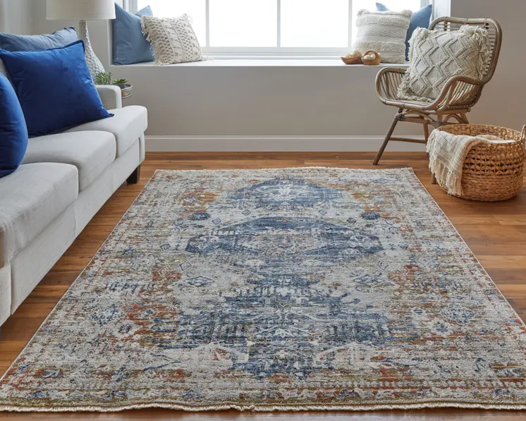 3' X 5' Gray Blue and Orange Oriental Power Loom Worn Faded Area Rug With Fringe