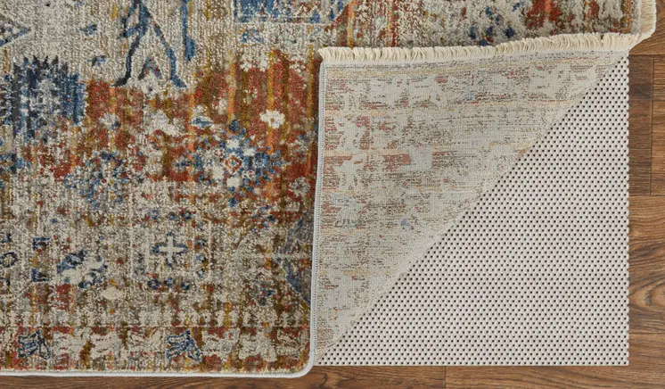 3' X 5' Gray Blue and Orange Oriental Power Loom Worn Faded Area Rug With Fringe