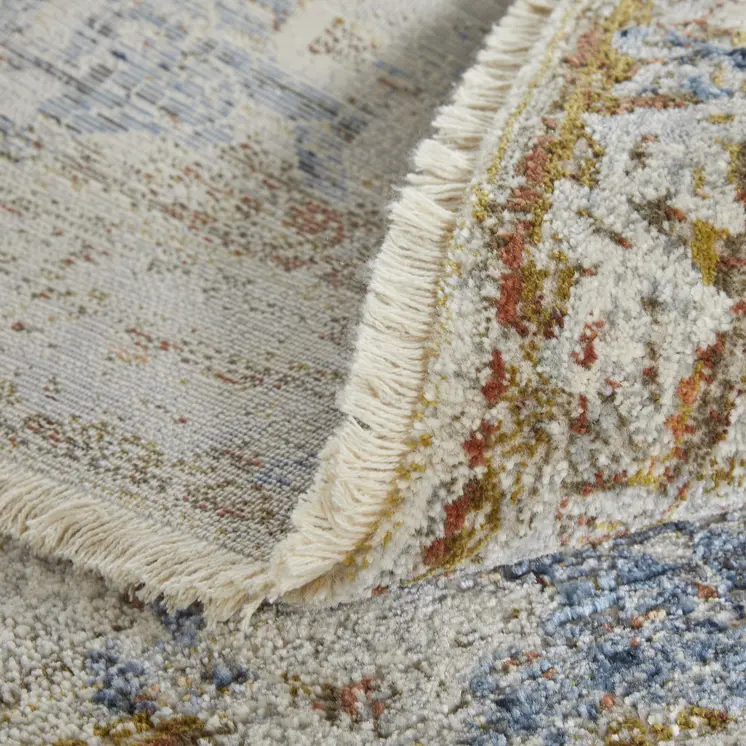 3' X 5' Gray Blue and Orange Oriental Power Loom Worn Faded Area Rug With Fringe