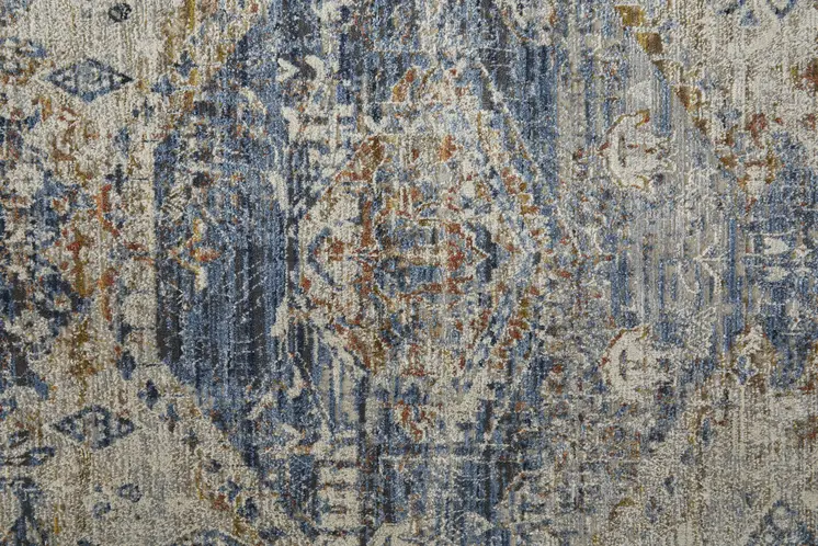 3' X 5' Gray Blue and Orange Oriental Power Loom Worn Faded Area Rug With Fringe